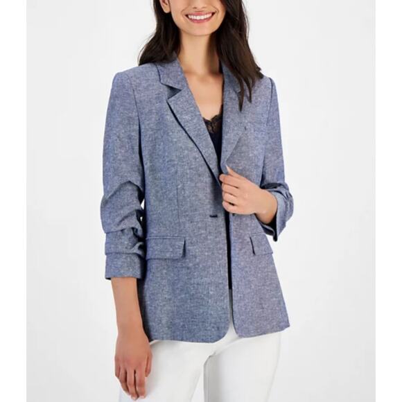 T Tahari Women's Ruched-Sleeve Blazer Dark Navy Size 4 - Picture 1 of 4